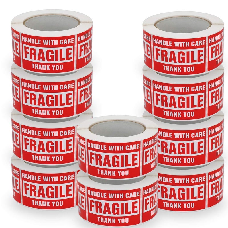 BETCKEY 10 Rolls/5000 Labels,Handle with Care Fragile Thank You, Red Warning Shipping Label Stickers (2" x 3") - Image 1